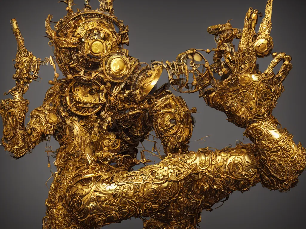 Prompt: a render of a giant clockwork hand made of brass and gold, puppet, ornate, engraved, highly detailed, fantasy, render, octane, raytracing, unreal engine, cinematic, trending on artstation, illustration, in the style of simon lee and jama jurabaev, piotr jablonski, artgerm and greg rutkowski, dishonored