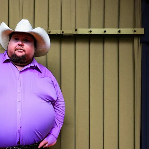 Prompt: morbidly obese 2000kilo snake oil salesman wearing authentic purple green sip tech cowboy augmentation standing in front of blank background