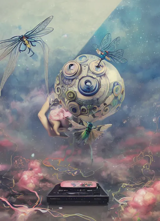 Prompt: surreal gouache painting, by yoshitaka amano, by ruan jia, by Conrad roset, by good smile company, detailed anime 3d render of transparent resin egg with a magical dragonfly inside. Surrounded by a big DJ Mixer, deck, portrait, cgsociety, artstation, rococo mechanical and Digital and electronic, dieselpunk atmosphere