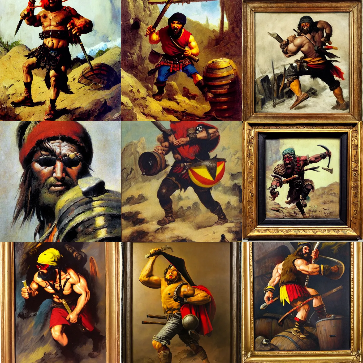Prompt: portrait of barbarian warrior running out of inn with barrel of beer tucked under his arm wearing wraparound sunglasses and black red yellow beanie hat, oil painting, frank frazetta