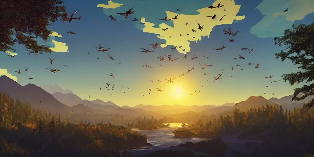 Prompt: A majestic landscape featuring a river, mountains and a forest. A group of birds is flying in the sky. There is man on a horse They are both staring at the sunset. Cinematic, very beautiful, painting in the style of firewatch