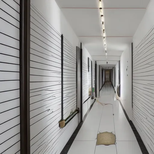 Prompt: photo of randomly connected corridors, stairs and rooms. ceramic white tiles on all the walls.