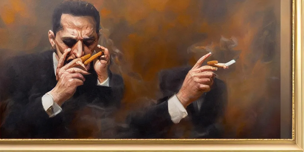 Image similar to abstract oil matte portrait painting, mafia boss smoking a cigar at his 5 0 s new york office desk, wonderful masterpiece highly detailed, beautiful cinematic light deep focus, elegant, digital painting, smooth, sharp focus, golden ratio, dramatic illumination, ultra realistic, 8 k, art by jimmy law