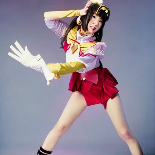 Image similar to publicity photo of 1 9 8 0 s beautiful japanese pop - idol chisato moritaka cosplaying as sailor moon, doing a heroic battle pose in the style of sailor moon, onstage at her concert in front of backup dancers.