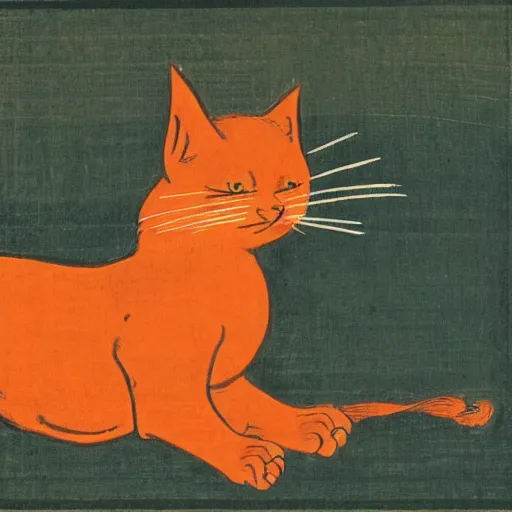 Prompt: a painting of an orange cat staring profoundly towards the viewer, a woodcut by katsushika hokusai, pixabay contest winner, ukiyo - e, ukiyo - e, cyanotype, woodcut