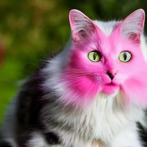 Prompt: photograph of a hybrid of a cat and a pink feathered creature