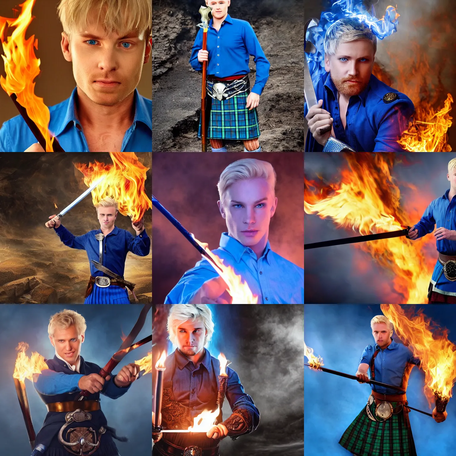 Prompt: A man with blue eyes, short stubble, blond hair, wearing a blue shirt and a kilt, holding a flaming sword, in the depths of hell