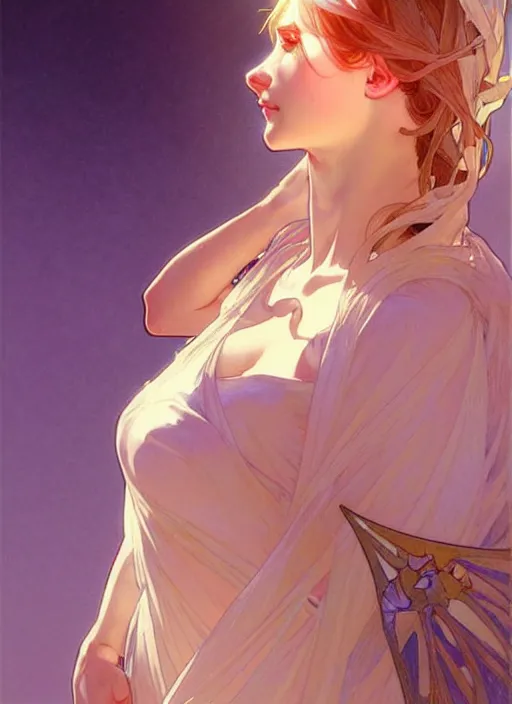 Image similar to digital character concept art by artgerm and greg rutkowski and alphonse mucha. clear portrait of a shy modern wife blessed by god to grow immaculately fertile and perfect!! blonde, in clothes! holy body! light effect. hyper detailed, glowing lights!! intricate, elegant, digital painting, artstation, smooth, sharp focus