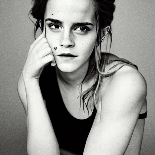 Prompt: Photo of Emma Watson with lots of tattoos, soft studio lighting, photo taken by Martin Schoeller for Abercrombie and Fitch, award-winning photo, 24mm f/1.4