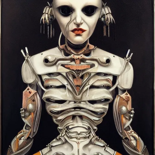 Image similar to symmetrical semi - realistic modern art deco mysterious creepy portrait of automaton fearful in the style of michael hussar highly detailed sharp focus