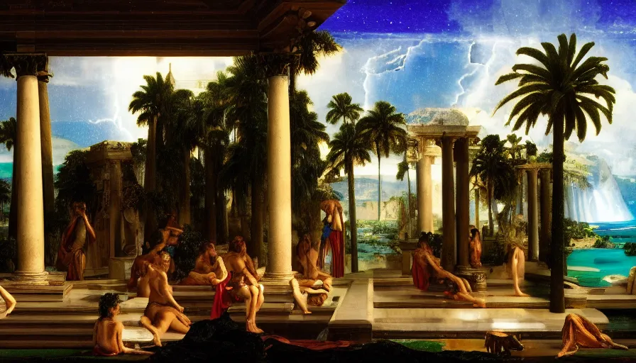 Image similar to From Inside the giant Palace, mediterranean balustrade and columns line, refracted sparkles, thunderstorm, greek pool, beach and Tropical vegetation on the background major arcana sky and occult symbols, by paul delaroche, hyperrealistic 4k uhd, award-winning, very detailed paradise