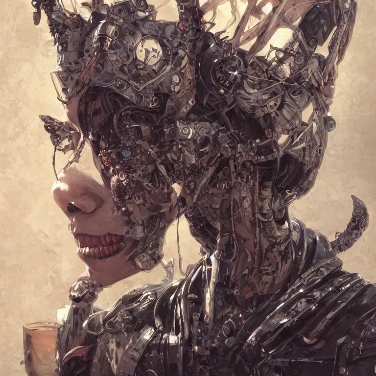 Image similar to portrait of a beautiful scary goblin, cyberpunk, Warhammer, highly detailed, artstation, illustration, art by Gustav Klimt and Range Murata and Ilya Kuvshinov and Sakimichan