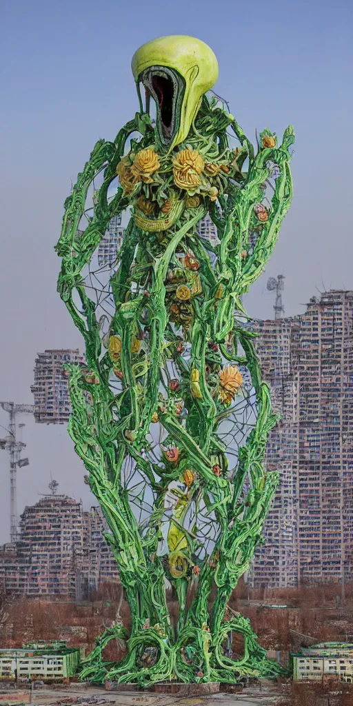 Image similar to colossal psyhedelic alien predator flower made from worst unfulfilled mankind projects in the middle of abandoned post soviet constructivist cityscape, Stalinist architecture, ultradetailed, Intricate by Niruyoshi Ohrai and Hayao Miyazaki and Josan Gonzalez