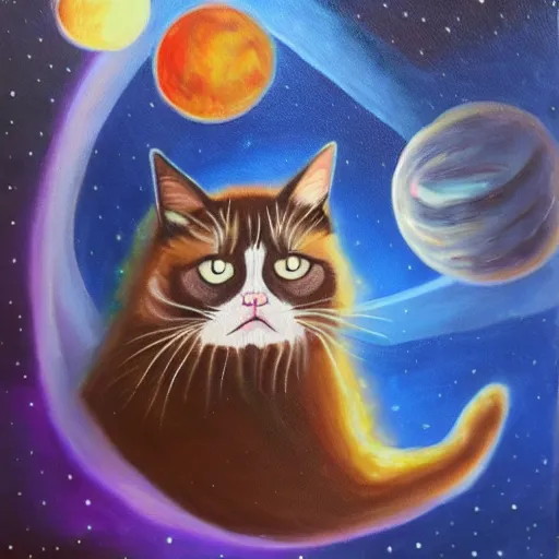 Prompt: A grumpy cat sitting on the planet earth in space, oil painting