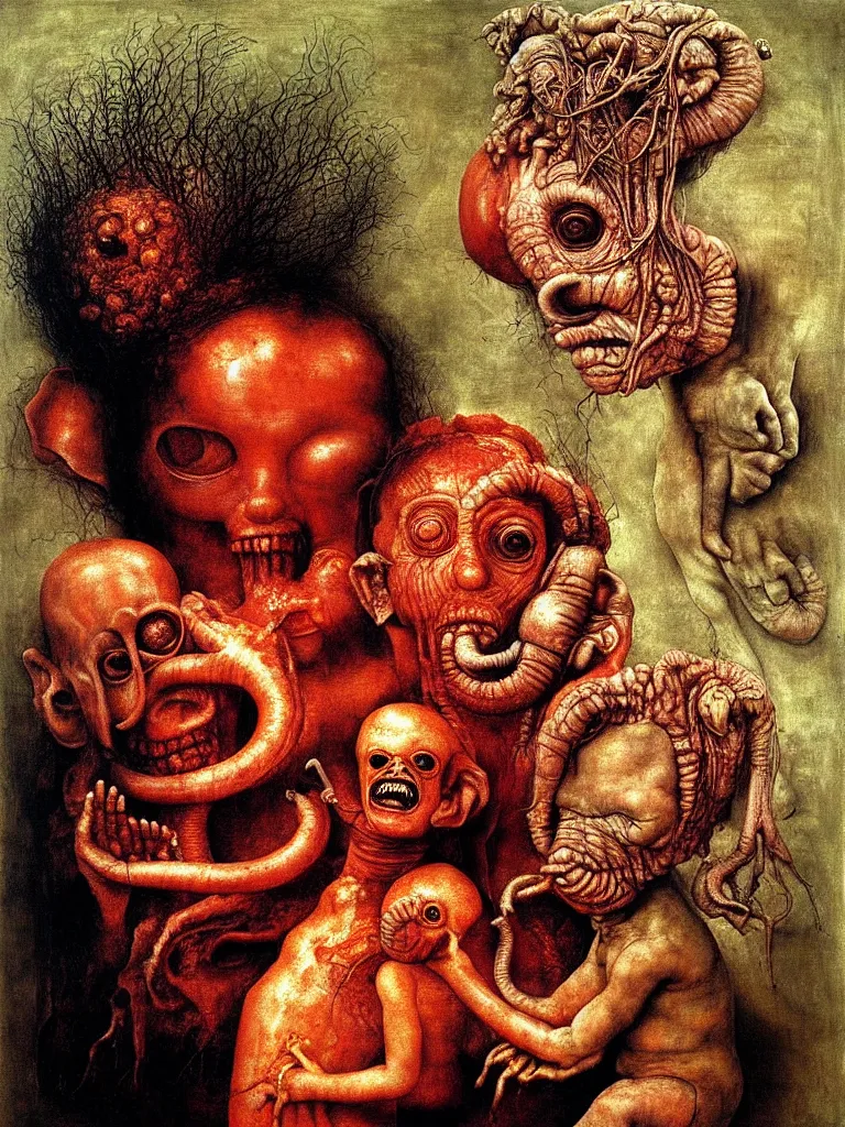 Prompt: a boy like eraserhead and elephant man sitting in a tub full of tomato sauce, looking straight into camera, screaming in desperation, zoomed out, master shot, by giuseppe arcimboldo and ambrosius benson, renaissance, fruit, intricate and intense oil paint, a touch of beksinski and hr giger and edward munch, realistic