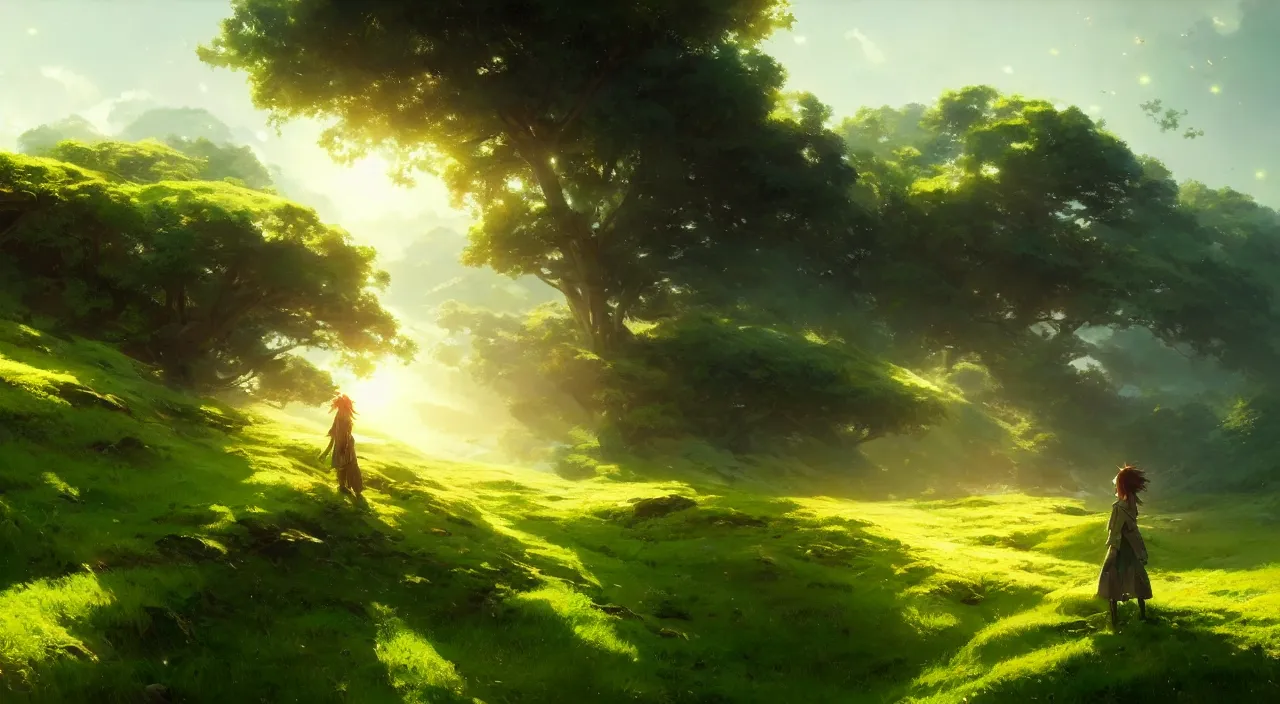 Image similar to beautiful anime wallpaper, landscape, green rolling hills, bright, intricate, sharp focus, lens flare, bloom, illustration, highly detailed, digital painting, concept art, matte, art by ruan jia and wlop and greg rutkowski, masterpiece