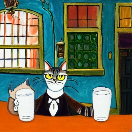 Image similar to a sleepy cat investigator orders a pint at the local Irish pub, colorful, oil painting in the style of Tim Burton,