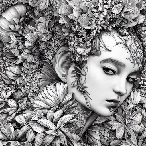 Image similar to the portrait of an absurdly beautiful, graceful, elegant woman made of bananas and petals, an ultrafine detailed illustration by kim jung gi, irakli nadar, intricate linework, bright colors, final fantasy, behance contest winner, angular, unreal engine 5 highly rendered, global illumination, radiant light, detailed and intricate environment