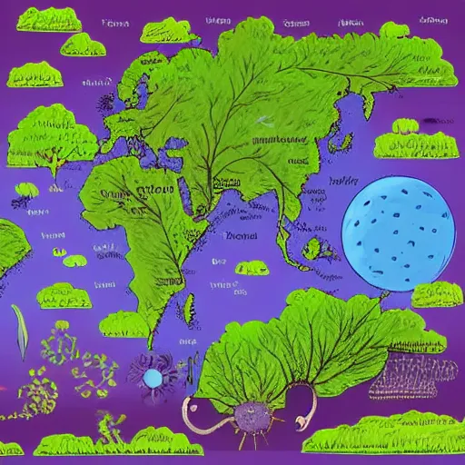 Image similar to a map of a world with trees, large eyes, purple swamps, a nuclear explosion, violet sunrises, and scientific computer components everywhere