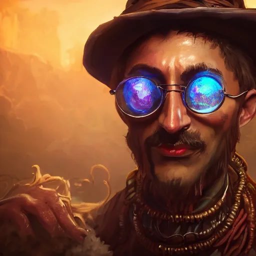 Image similar to an oil art close up portrait of young man, roma mage, with lovecraftian magic in style of disco elysium character, gipsy man jester character design from ravenloft, 4 k, ultra detail, volumetric lighting, unreal engine, octane render