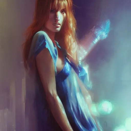 Image similar to bella thorne wearing nightgown, hyperrealistic full figure, bladerunner street alley, art of elysium by frank frazetta and by jeremy mann, fantasy art, photo realistic, dynamic lighting, artstation, full figure poster, volumetric lighting, very detailed face, 4 k, award winning