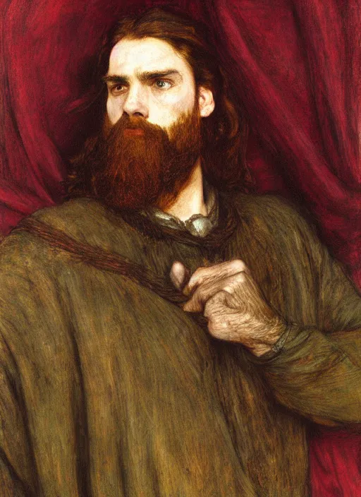 Prompt: a beautiful painting of gimli by John Everett Millais and Dante Gabriel Rossetti and John Collier and john william waterhouse, pre-raphaelite, detailed, trending on artstation, hd, masterpiece