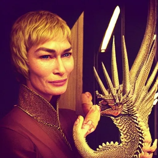 Image similar to “Cersei Lannister, petting her dragon”