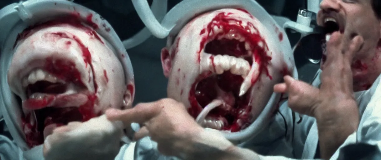 Image similar to filmic extreme close up shot movie still 4 k uhd interior 3 5 mm film color photograph of solidier screaming being grabbed by a scientist with tentacles in a bloody lab coat in a lab in antartica, 1 9 8 2