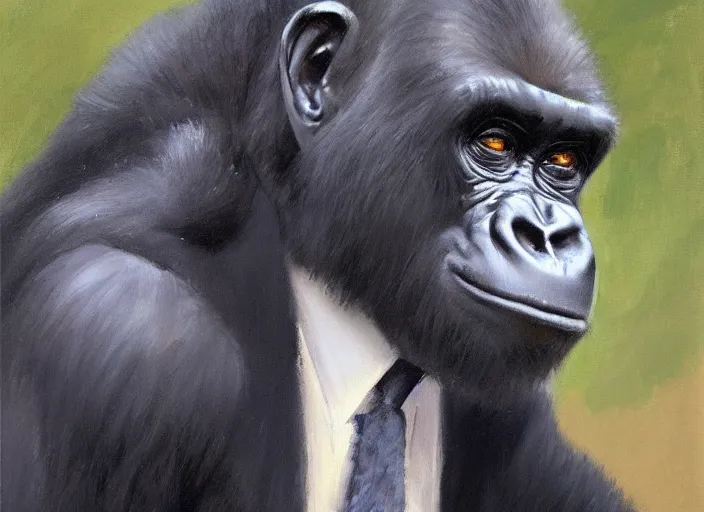 Image similar to a highly detailed beautiful portrait of a gorilla wearing a suit, by gregory manchess, james gurney, james jean