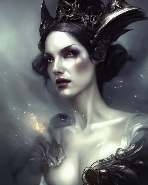 Image similar to bastien lecouffe deharme and wlop detailed portrait digital rococo painting of a beautiful serious villainess wearing fantasy clothing like liliana vess, villainess has black angel wings, evil mood, hellish battlefield in the background, unreal engine, embers flying, hyper realism, realistic shading, cinematic composition, blender render, octane render, ultrawide shot