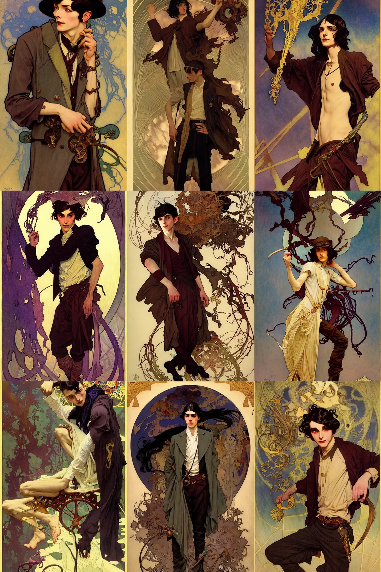 Prompt: thin young male alchemist, long dark hair, 1 9 2 0 s fashion, fantasy, art by joseph leyendecker, peter mohrbacher, ruan jia, finnian macmanus, marc simonetti, ayami kojima, vasnetsov, cedric peyravernay, alphonse mucha