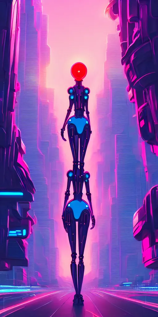 Image similar to hyper detailed ultra sharp of a beautiful woman robot, futuristic city with neon lights in the background, sky sended by god. behance hd by jesper ejsing, by rhads, makoto shinkai and lois van baarle, ilya kuvshinov, rossdraws radiating a glowing aura global illumination ray tracing hdr, 8 k