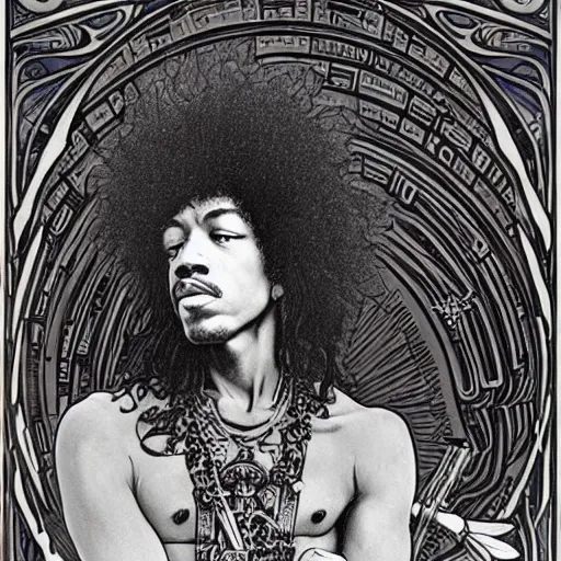 Image similar to artwork by Franklin Booth and Alphonse Mucha showing a portrait of Jimi Hendrix as a futuristic space shaman