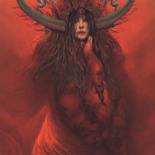 Image similar to a masterpiece! photographic portrait of a scarlet - colored beast with seven ( 7 ) heads and ten ( 1 0 ) horns by gustave dore and stephen hickman and allen williams, trending on artstation, cgsociety, 8 k hd, earthtone colors, a cloaked woman riding the back of the beast