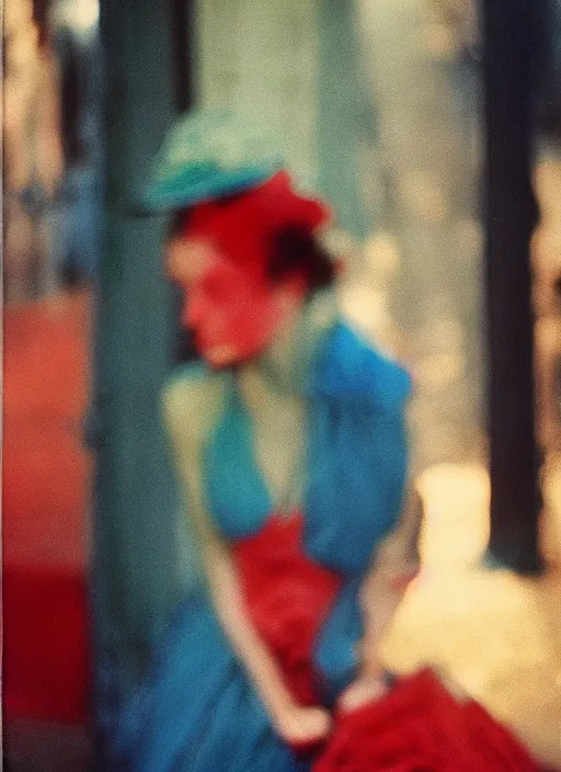 Prompt: ( out of focus ), head to shoulders woman, photography by saul leiter and ernst haas in a decorated pompeii peristylium, tea green, airforce blue, red, pale skin, closed eyes