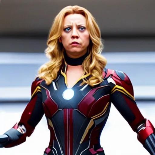 Image similar to Kaley Cuoco as Black Widow in Iron Man, movie screencap