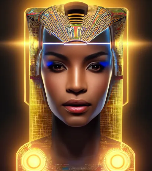 Image similar to symmetry!! egyptian princess of technology, solid cube of light, hard edges, product render retro - futuristic poster scifi, lasers and neon circuits, beautiful brown skin woman egyptian princess, intricate, elegant, highly detailed, digital painting, artstation, concept art, smooth, sharp focus, illustration, dreamlike, art by artgerm