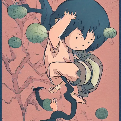 Image similar to a viscerous hyperdetailled character design illustration of the tiny boy in a giant world, scales, size, huge, wanderer in the tree universe, style of studio ghibli, artgerm ( ukiyo - e influence )