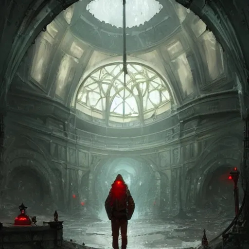 Prompt: concept art by greg rutkowski, a large inner garden under a great dome, desolate, covered in reddish slime on all sides, uncanny atmosphere, low light, scary atmosphere, scifi, highly detailed portrait, digital painting, artstation, concept art, smooth, sharp foccus ilustration, artstation hq