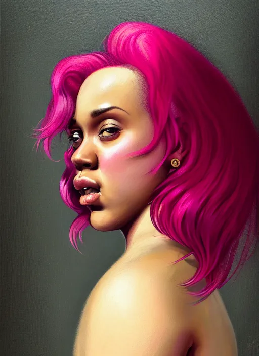 Image similar to full body portrait, teenage vanessa morgan, pink hair, obese, curly pixie hair, sultry, realistic, short hair, hoop earrings, skirt, shirt, fat, belly, black girl, intricate, elegant, highly detailed, digital painting, artstation, concept art, smooth, sharp focus, illustration, art by wlop, mars ravelo and greg rutkowski