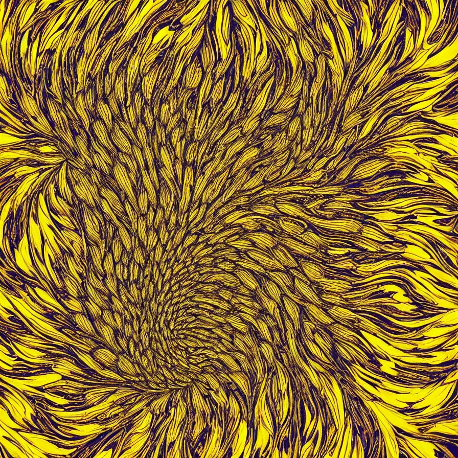 Prompt: award winning fine artwork of hypnotizing sunflower patterns, golden ratio, mandelbrot fractal