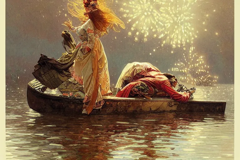 Image similar to a beautiful realistic painting of a firework festival at seine river, intricate, elegant, highly detailed, digital painting, artstation, concept art, by krenzcushart, artem demura, alphonse mucha