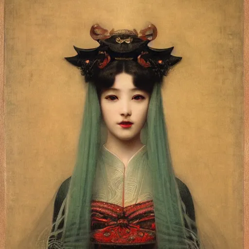 Image similar to front symmetric face of asian megane fox in japanese costume, victorian head dress, by jan van eyck, tom bagshaw, jean delville, william bouguereau, albrecht durer, symbolist painting, mysterious mood