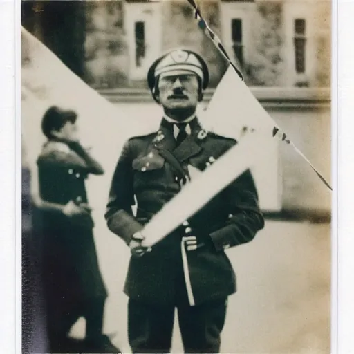 Prompt: polaroid photo of francisco franco holding an lgbti flag