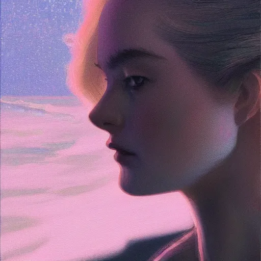 Image similar to silhouette of a Elle Fanning gazing out at the stormy ocean, extremely detailed masterpiece, oil on canvas, Blade Runner 2049, low-key neon lighting, artstation, by J. C. Leyendecker and Peter Paul Rubens,