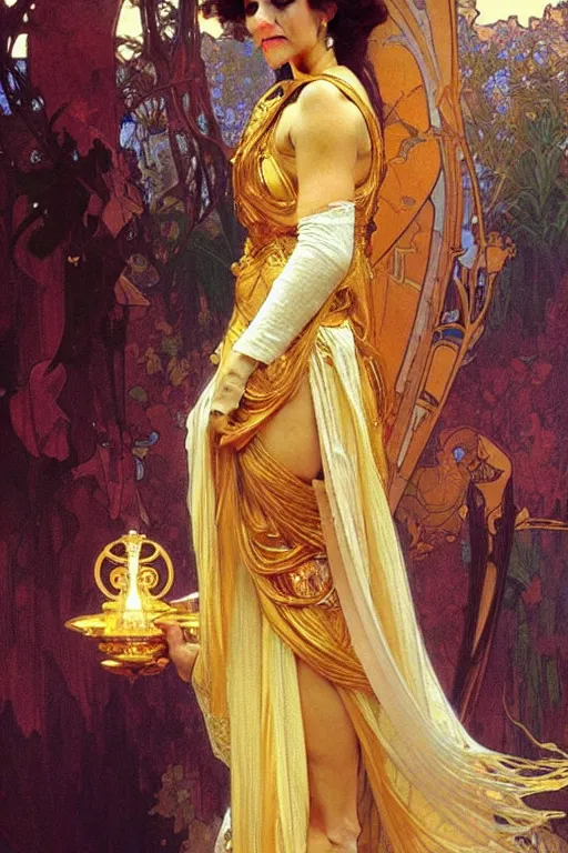 Image similar to A goddess wearing golden clothes, holding a phone, fantasy, painting by greg rutkowski and alphonse mucha