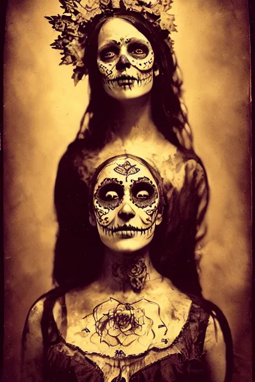 Prompt: calotype, tintype, virgin mary in dia de muertos dress and make up, horrific beautiful vibe, evocative, atmospheric lighting, painted, intricate, highly detailed, leesha hannigan, wayne haag, reyna rochin, ignacio fernandez rios, mark ryden, iris van herpen, stunning, gorgeous, sharp focus, cinematic, masterpiece