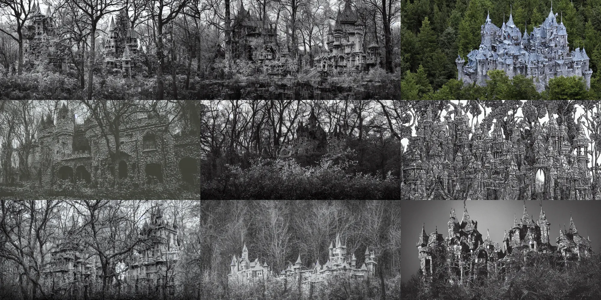 Prompt: a castle made of silver filigree in a dark forest