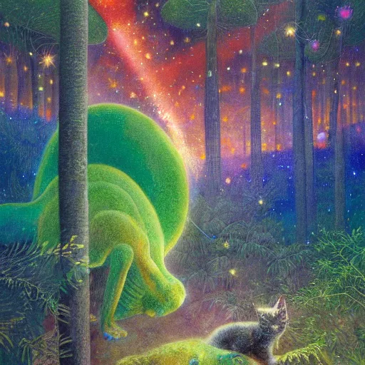 Image similar to psychedelic small cats hidden lush pine forest, outer space, milky way, designed by arnold bocklin, jules bastien - lepage, tarsila do amaral, wayne barlowe and gustave baumann, cheval michael, trending on artstation, star, sharp focus, colorful refracted sparkles and lines, soft light, 8 k 4 k