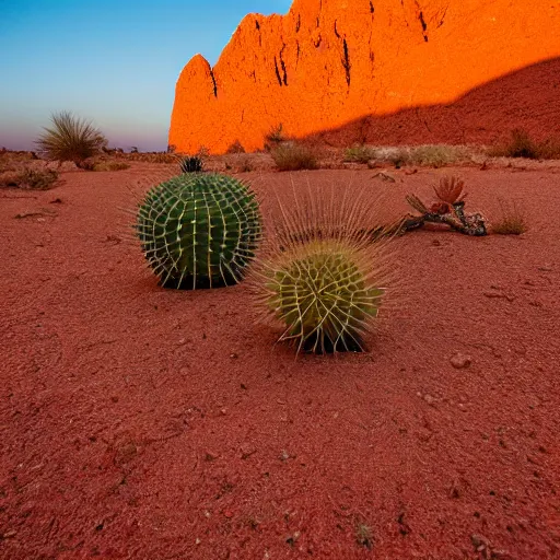 Prompt: walking in an isolated red desert, cactus, rocks, highly detailed, awarding winning photography, sunset, scorpion, rattlesnake